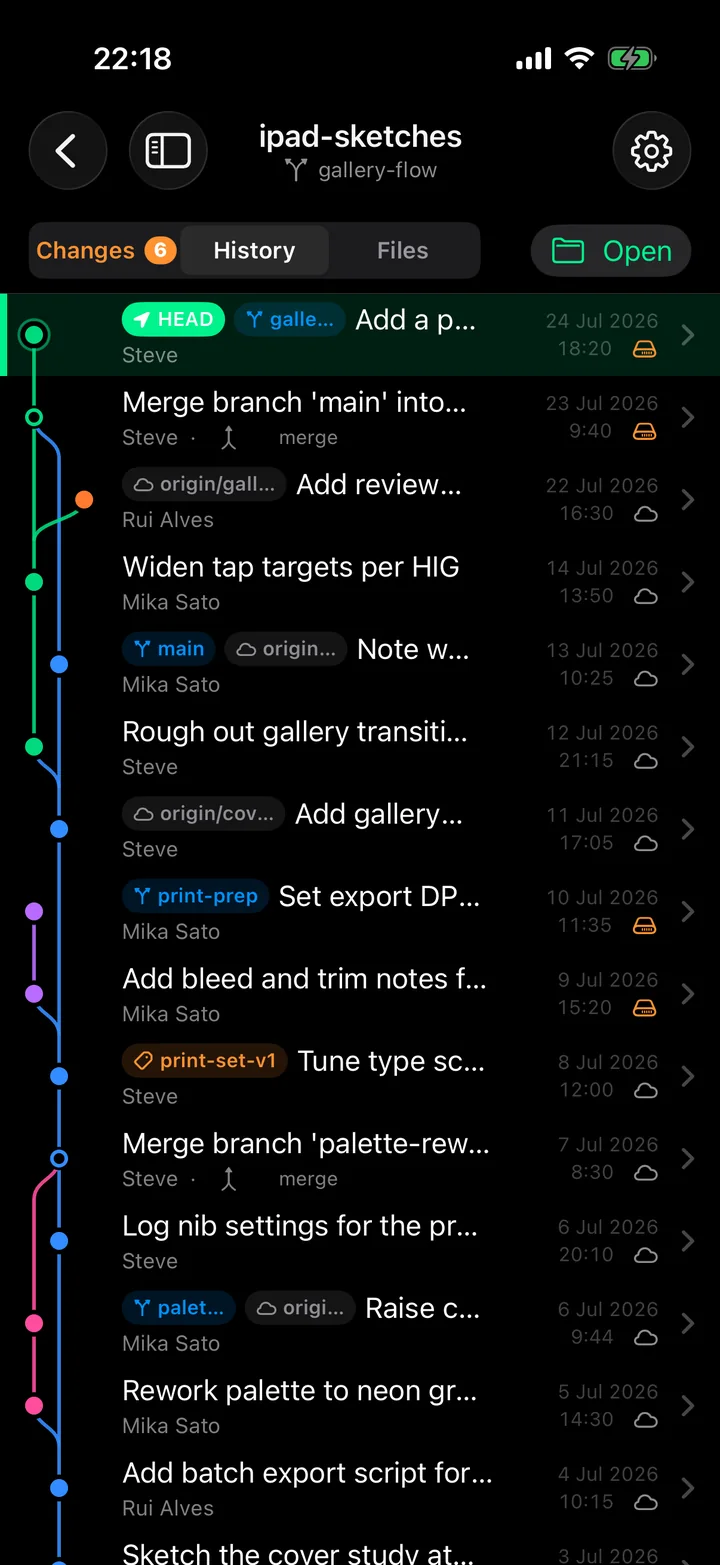 Git on the Go on iPhone: the same commit graph in a single column, with the Changes tab showing an orange badge.